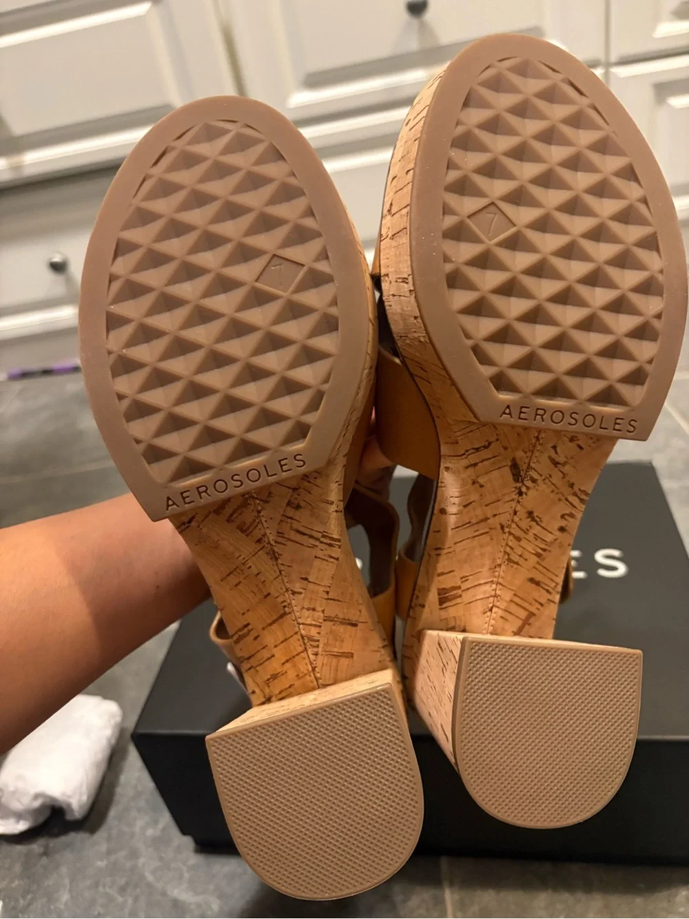 AEROSOLES Tan Platform Cork-Heel Sandal with Gold Trim